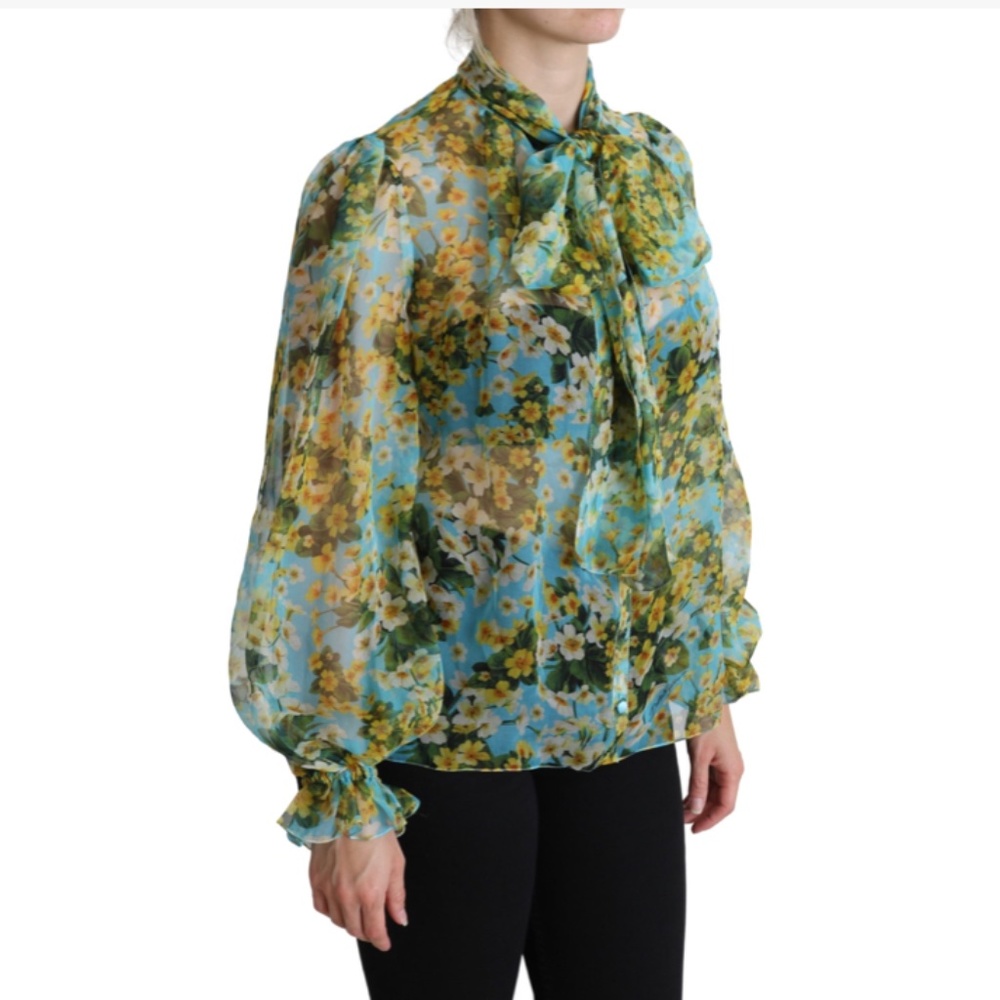 DOLCE & GABBANA Blue Silk Floral Chiffon Pussy Bow Blouse (XS)